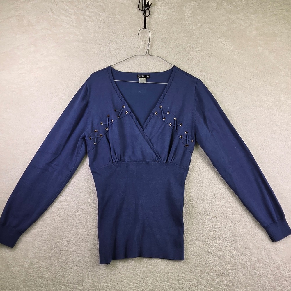 Venus Blue Lace Up Grommet Surplice V-Neck Empire Waist Sweater Size M